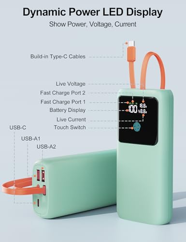 Portable Laptop Charger 24000mAh 65W w/USB C Built-in Cable Green | 65W Fast charging, LED display, Charge 4 devices at once, Pass through, TSA approved, Compatible with Macbook/Notebook/iPhone - color: Green