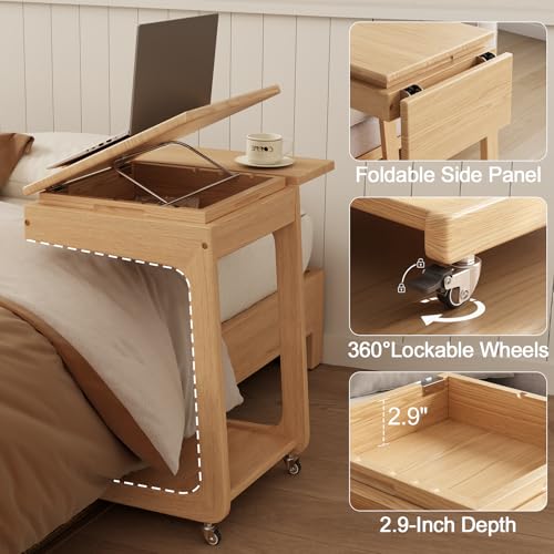 Solid Wood C Shaped End Table for Couch,Natural C Table with Wheels,Rolling Side Table with Storage,Couch Desk with Adjustable Desktop,Rolling Tv Tray with Folding Shelf,Modern Couch Table - color: Natural