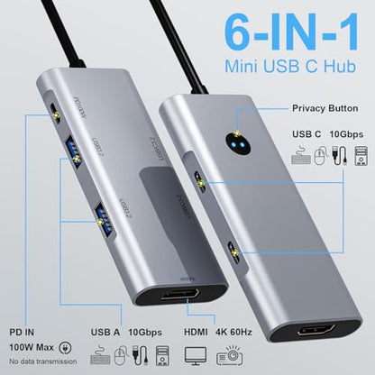 USB C Hub 6-in-1 USB Hub, 4K HDMI USB-C Multiport Adapter | 4K@60Hz HDMI, 2 USB-C & 2 USB-A 10Gbps, 100W PD, Privacy Button, for Mac/Windows/Tablets