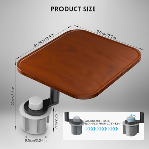 360° Rotation Car Desk for Laptop, Height-Adjustable Cup Holder Table, Wooden Car Food Tray & Laptop Mount Compatible with Tesla Model Y/3/S, Ford F150/Explorer/Maverick & Most Vehicles (Warm Walnut)