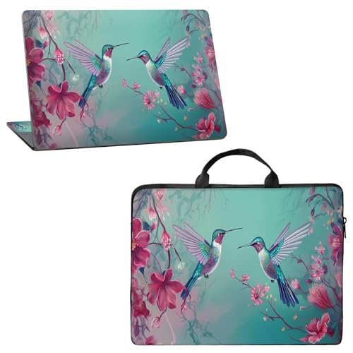 4-in-1 Laptop Accessory Bundle: 12" Portable Laptop Tote Bag + Laptop Skin Sticker & 2 Wrist Pads, Lightweight Computer Carrying Case for MacBook, HP, Dell, Lenovo, Hummingbirds Pink Flowers - color: Hummingbirds Pink Flowers, size: 12 inch