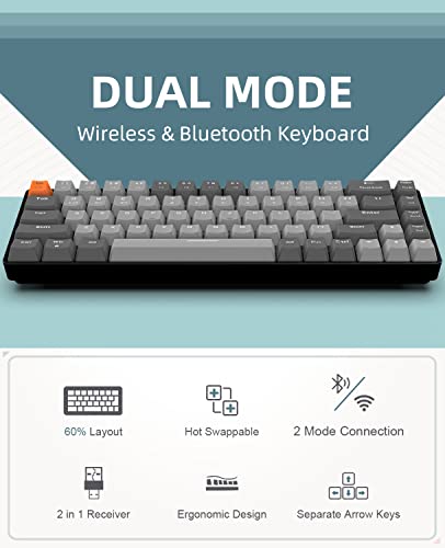 ZIYOU LANG RK68 60% Wireless Mechanical Keyboard,Bluetooth 5.0/2.4Ghz Dual Mode Receiver,Hot-Swappable Mini 68-Key,Retro Color Keycaps,Linear Red Switch,Ultra Power Saving for PC PS4 Xbox iPhone ipad - color: Light gray/Red Switch