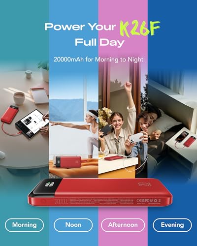 Orfeika 20000mAh Power Bank Fast Charging, Portable Charger with 4 Built-in Cables & 6 Outputs, 20W PD USB C Battery Pack Compatible with iPhone 16/15, Galaxy, Android, iPad & More (Travel Essential) - color: Red