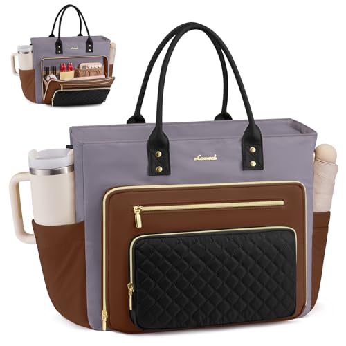 LOVEVOOK Laptop Tote Bag for Women, Work Bags Computer Laptop Bag, Teacher Nurse Bags With Large Cup Holder, Professional Briefcase Business Purses Handbag Gifts, 17 Inch - color: Lavender Gray-brown-black, size: 17.3 inch