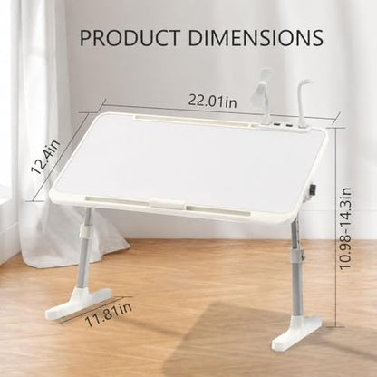 Adjustable Lap Desk with USB Fan & LED Light, Height & Angle Adjustable Laptop Bed Tray Table, Foldable Laptop Stand for Bed, Couch, Sofa & Floor,White - color: White