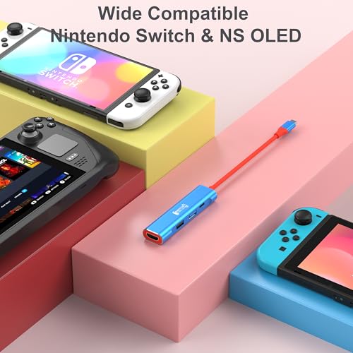 RREAKA TV Dock for Nintendo Switch 2 / Switch/Switch OLED, Portable Travel Dock Replacement with 4K@60Hz HDMI, PD 100W Charging, USB 3.0 - color: Red & Blue