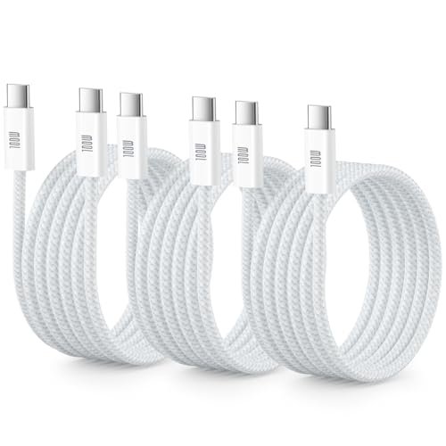 USB C to USB C Cable 100W, 6ft Extra Long 5A Woven Fast Charging Cord Type C Data Transfer for MacBook Pro Charger iPad Air5/4 Mini 6/A17 Pro iPhone 17 16 15 Pro Max Laptop Tablets, 3-Pack - color: White, size: 6ft