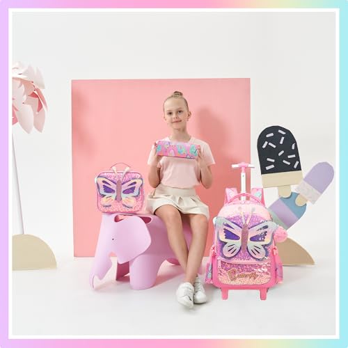 Meetbelify Rolling Backpack for Girls Backpacks with Wheels for Elementary Preschool Students 3 in 1 Carry on Travel Luggage Kids Suitcase with Lunch Box Pencil Case for Girls Age 8-10 - color: Butterfly 02