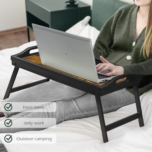 Tray Table for Bed, Bamboo Breakfast Serving Tray with Folding Legs and Handles, Laptop and Snack Bed Table with Cross Bar & Media Slot, Dark Brown with Black Legs, for Bedroom, Sofa, Kitchen - color: Brownish-black