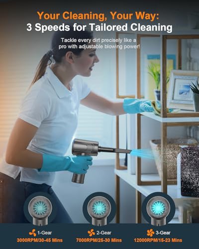 BNKKY 11-in-1 Compressed Air Duster, 3-Gear Adjustable 120000 RPM Electric Air Duster with LED Light, Reusable no Canned Keyboard Cleaner for Office, 9000mAh Cordless Air Duster for Computer/Car