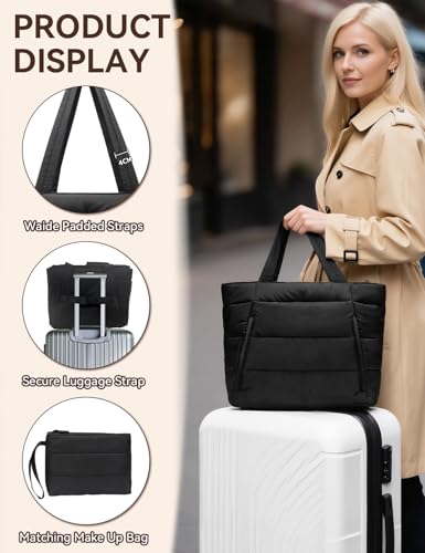 Puffer Tote Bag for Women, Nurse, Large Quilted Shoulder Bag with Cup Holder & Laptop Compartment for Work, Travel, Gym - color: Black