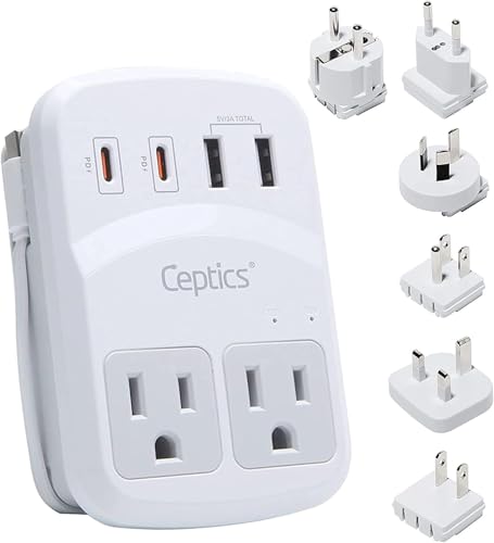 Ceptics World Travel Adapter Kit 2 USB-A, USB-C US Outlets, 20W/QC 18W Power Delivery, Surge Protection, SWADAPT Compatible for Europe, UK, China, Australia, Japan Perfect Laptop (WPS-5B) - color: white
