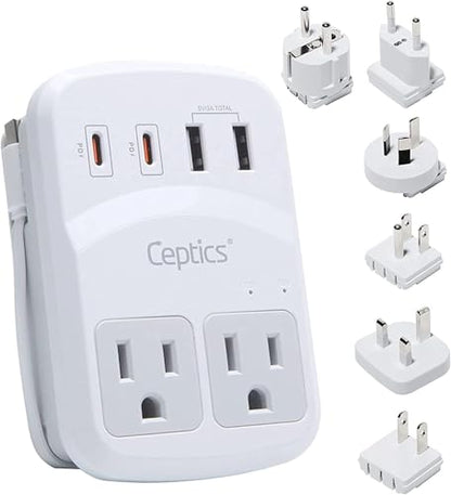 Ceptics World Travel Adapter Kit 2 USB-A, USB-C US Outlets, 20W/QC 18W Power Delivery, Surge Protection, SWADAPT Compatible for Europe, UK, China, Australia, Japan Perfect Laptop (WPS-5B) - color: white