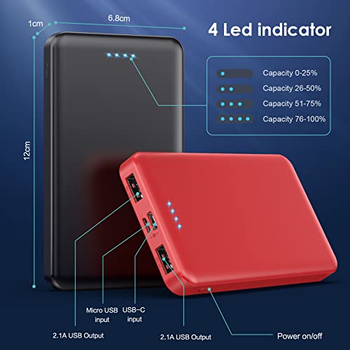 [2 Pack] Portable Charger Power Bank 10000mAh,Ultra Slim Compact External Battery Pack with USB C Input & Dual USB Outputs Backup Charger Compatible with iPhone 13,12, Samsung S20,Tablet-Black+Red - color: Black+Red, size: 10000mAh