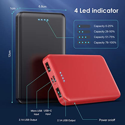[2 Pack] Portable Charger Power Bank 10000mAh,Ultra Slim Compact External Battery Pack with USB C Input & Dual USB Outputs Backup Charger Compatible with iPhone 13,12, Samsung S20,Tablet-Black+Red - color: Black+Red, size: 10000mAh