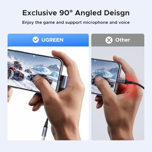 UGREEN Right Angle USB C to 3.5mm Audio Adapter Type C Aux Headphone Jack | 24bit 96kHz HiFi DAC, Braided Cable, Supports Mic In-line Control, Compatible with iPhone 17 16 Pro Max Galaxy S26 Pixel 10