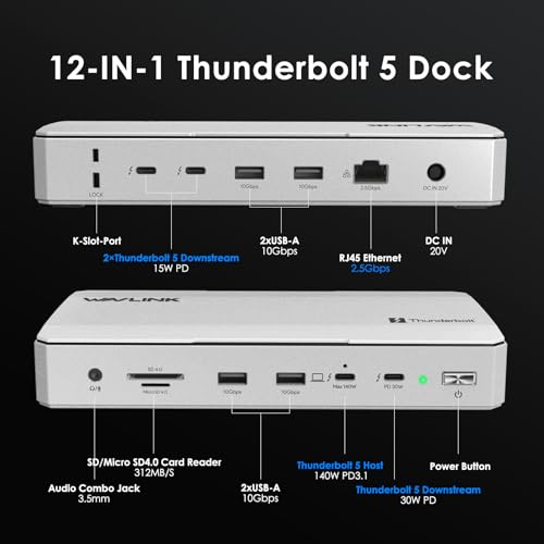 WAVLINK Intel EVO Certified TBT5 Dock, 120Gbps, 140W PD, 8K, USB-A, Cooling | Thunderbolt 5 Docking Station hub TB5 Dock 8K Display 140W Max Charging 4X USB-A 3.2 TBT 5/4 Laptops laptop cooling system