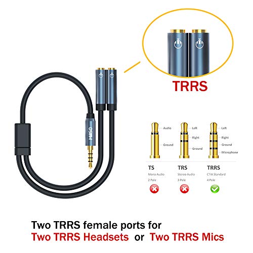 Headset Splitter for 2 TRRS Headphone or Mic 3 FT 3.5mm Jack Adapter | Sapphire Blue, Metal Shell, 3.5mm Jack Adapter TRRS 4-Pole Headphone Splitter Male to 2 Female Adapter for Smartphone, Laptop - size: 3 Feet - Standard