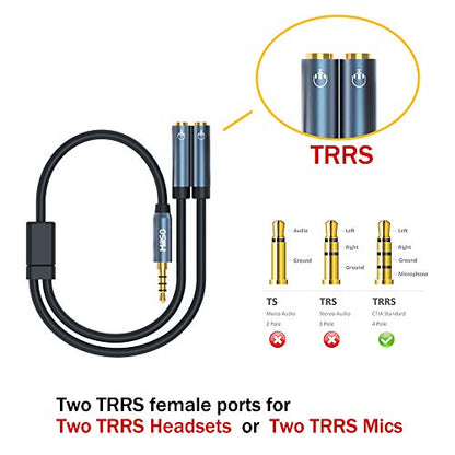 Headset Splitter for 2 TRRS Headphone or Mic 3 FT 3.5mm Jack Adapter | Sapphire Blue, Metal Shell, 3.5mm Jack Adapter TRRS 4-Pole Headphone Splitter Male to 2 Female Adapter for Smartphone, Laptop - size: 3 Feet - Standard