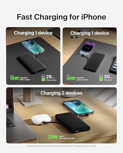 Belkin Portable Charger Power Bank for iPhone/Android (10,000mAh), 23W Battery Pack with Integrated USB-C, Lightning Cables, Pass-Through Capability, Charge 2 Devices at Once, Phone Charger Power Bank - color: Black