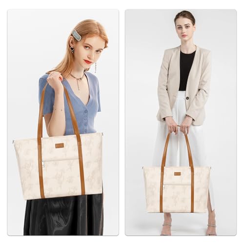 Laptop Bag for Women 17 Inch, Leather Laptop Tote Bag Waterproof Computer Bag Office Work Bag Business Briefcase with Compartment&Shoulder Straps (A3-Beige/Brown Flower, 17.3 inch) - color: A3-beige/Brown Flower