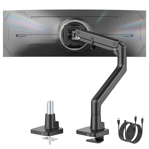 monTEK Heavy Duty Monitor Arm, 17-57" Ultrawide, Gas Spring, with USB，Black | Desk Monitor Mount Holds Max 57" Ultrawide Curved Screen Up to 59.4 lbs with USB 3.0A/C,No Sag,Clamp & Grommet Arm,75/100VESA - color: Black, size: with USB