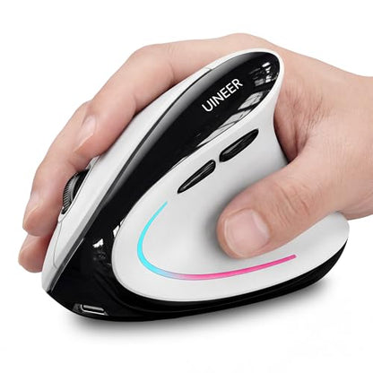 Uineer Ergonomic Wireless Vertical Mouse, 3-Mode Bluetooth 5.0/4.0 & 2.4GHz | Rechargeable, USB-A Receiver, Silent Computer Mouse for Laptop, Mac, iPad and PC, 4 DPI Levels, LED Light, 3-Device Switching