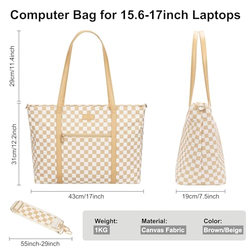 Laptop Tote Bag for Women 17 Inch, Teacher Bag with Compartments Canvas Computer Bag with 15 Pockets Work Tote Bag Travel Business Briefcase Office Handbag Bag with Shoulder Straps - color: A2-brown/Beige Canvas