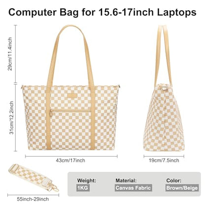 Laptop Tote Bag for Women 17 Inch, Teacher Bag with Compartments Canvas Computer Bag with 15 Pockets Work Tote Bag Travel Business Briefcase Office Handbag Bag with Shoulder Straps - color: A2-brown/Beige Canvas