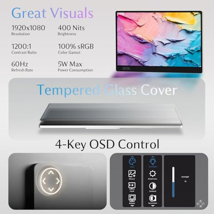 SOTSU FlipAction Go 14" Premium Portable Monitor | Tempered Glass Cover | FHD 1080p | 400 Nits | 100% sRGB | Pivoting Screen | USB-C & Mini HDMI | 5W Speakers | Lightweight | Robust yet Lightweight - color: Metallic Gray