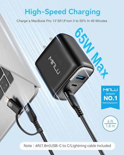 65W USB C Charger Block, MINLU GaN 3-Port Compact Fast PPS Wall Charger with 100W 2 in 1 USB-C to C/L Cable,Fast Charging for MacBook Pro/Air,iPad,iPhone 17 16 15 Series,Galaxy S25 UItra PS - 2Pack - color: Black-2