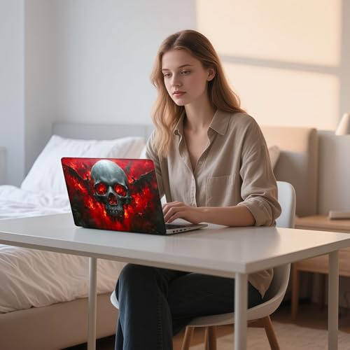 Aesthetic Laptop Skin Sticker, Skull with Fiery Eyes and Winged Figures Waterproof Vinyl Laptop Decal, Removable Bubble Free, Reusable Protective Cover for 13 14 15 15.6 Inch - color: Skull with Fiery Eyes and Winged Figures