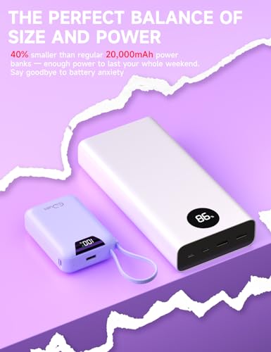 M2 Portable Charger, 20000mAh Power Bank, PD 35W Ultra Fast USB-C Built-in Cable, Compact Cute Mini External Battery Pack for iPhone, Samsung, Android iPad (Purple) - color: Purple