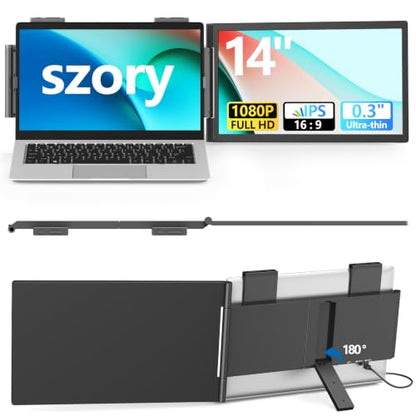 Szory Laptop Screen Extender, 14" FHD 1080P IPS Laptop Monitor Extender Dual Screen, Portable Monitor for Laptops 13.3”-16.1" with USB-C/HDMI Port, Plug & Play for Windows/Mac/Android/Switch/PS5