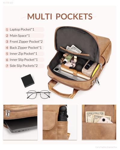 Leather Laptop Backpack 15.6 inch Womens Computer Bag Camel | 3-in-1 laptop purse: Dedicated 15.6" Compartment, 7-Pocket Organizer, Colorful Shoulder Strap, Work & Travel Ready - color: Camel