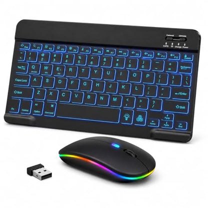 Rechargeable Bluetooth Keyboard Mouse Combo, 10 Inch Keyboard with Backlit, Silent Keys and Wireless Mouse for iPad, Tablet, Laptop and PC