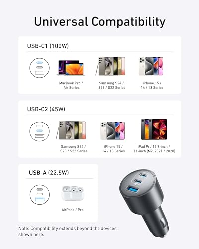 Anker 167.5W Max 3-Port Ultra-Compact USB C Fast Charging Car Charger | Fast Charging Adapter for MacBook Pro / Air, iPhone 17 / 16 / 15 Series, Samsung S25, iPad Pro, AirPods, and More