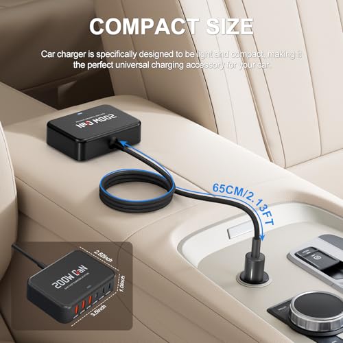 Multi Ports USB Laptop Car Charger, Fast Charge 200w PD3.0 Adapter Compatible with MacBook pro/Lenovo Thinkpad/Dell inspiron/Surface Pro/HP, Cell Phones Tablets and Other USB Devices