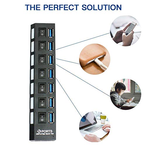 7-Port USB 2.0 Hub, USB Extender Splitter with Individual LED ON/Off Switches, Over-Current Protection, Plug-and-Play for Laptop