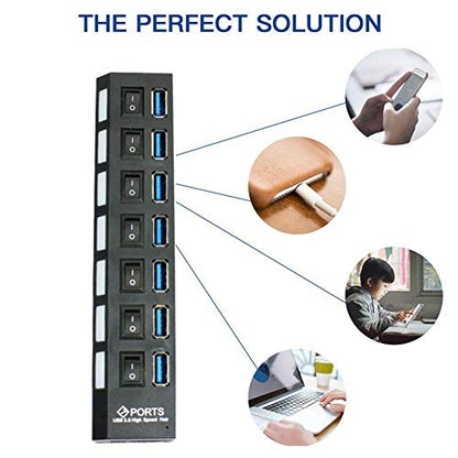 7-Port USB 2.0 Hub, USB Extender Splitter with Individual LED ON/Off Switches, Over-Current Protection, Plug-and-Play for Laptop
