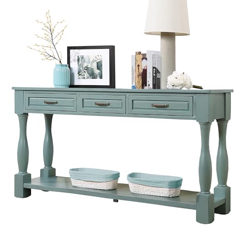 63.4" Solid Wood Console Table with Drawers,Farmhouse Entryway Table | 63.4" Sofa Table with Storage Drawers and Shelf;Solid Wood Entryway Table for Hallway,Foyer,Easy Assembled, Retro Green - color: Green