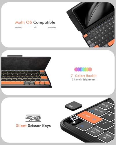 Universal Travel Keyboard Plus, New Dual Bluetooth Portable Keypad with 7-Color Backlit & Any-Angle Stand, Wireless Tablet Keyboard for iPad/Z Fold/Galaxy Tabs/Phones, Keypad for iOS/Android/Windows