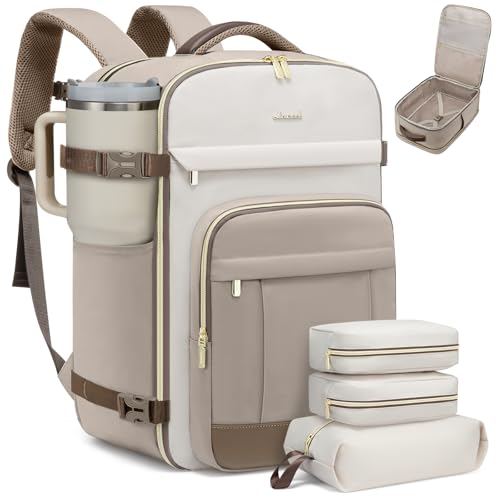 LOVEVOOK 50L Travel Backpack for Women & Men - 18 Inch Carry On Backpack & Personal Item Backpack for Airlines, Spacious and Durable Design, with 3 Packing Cubes - color: Khaki-beige-sand Brown, size: X-Large-50L-4Pcs