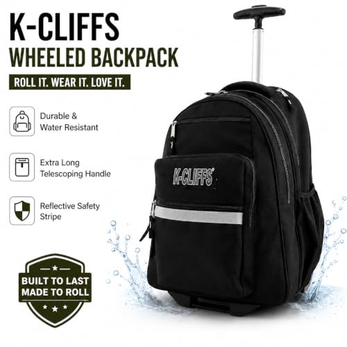 Heavy Duty Rolling Backpack School Bookbag with Wheels Deluxe Wheeled Daypack - color: Black