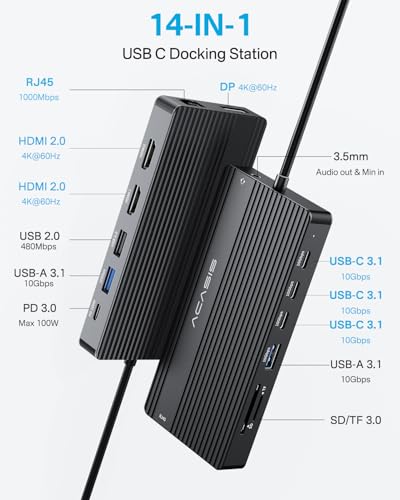 USB C Docking Station Dual Monitor, 14 in 1 USB C Hub, Adapter with 2 HDMI+DP(4K60Hz), Ethernet, 3 USBC 10G,100W PD, SD/TF, Audio, Laptop Docking Station for Dell/HP/Lenovo/ThinkPad/Surface (Black) - color: Black