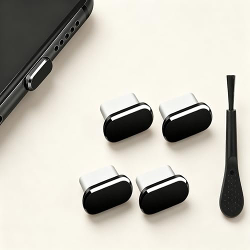 1 Set 5 in 1 Type C Dust Plug Kit, 4 Pieces Metal USB C Charging Port Cover, Aluminum Anti Dust Cap, with Cleaning Brush, for Phone Tablet Laptop, Black