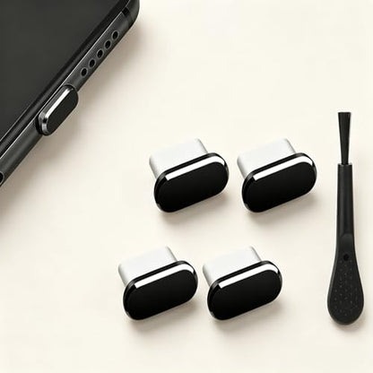 1 Set 5 in 1 Type C Dust Plug Kit, 4 Pieces Metal USB C Charging Port Cover, Aluminum Anti Dust Cap, with Cleaning Brush, for Phone Tablet Laptop, Black