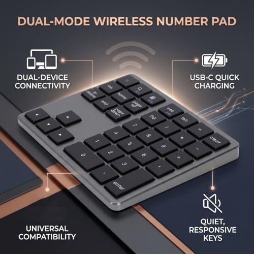 Wireless Number Pad, 35 Key Quiet Scissor Switch, Ultra Light Compact, Bluetooth 2.4G Dual Mode, Rechargeable, for Laptop PC Desktop (Black) - color: Black