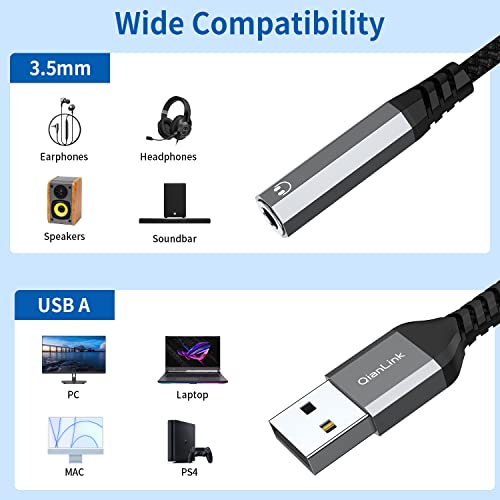USB to 3.5mm Jack Audio Adapter (2-Pack), USB to Audio Jack Adapter Headset, USB-A to 3.5mm TRRS 4-Pole Mic Female, External Stereo Sound Card for Headphone, Mac, PS4, PS5, PC, Laptop, Desktops