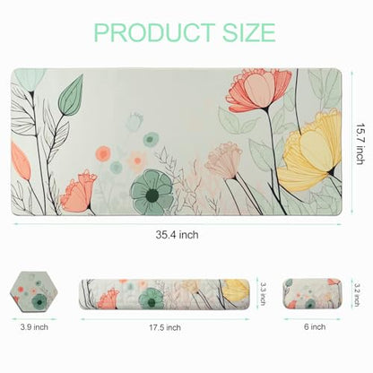Petmolico 4-in-1 Wrist Rest Set with Desk Pad, Light Brown Big Flower | Non-slip PU base, soft Lycra & memory foam, ergonomic pain relief, great for home/office - color: Green